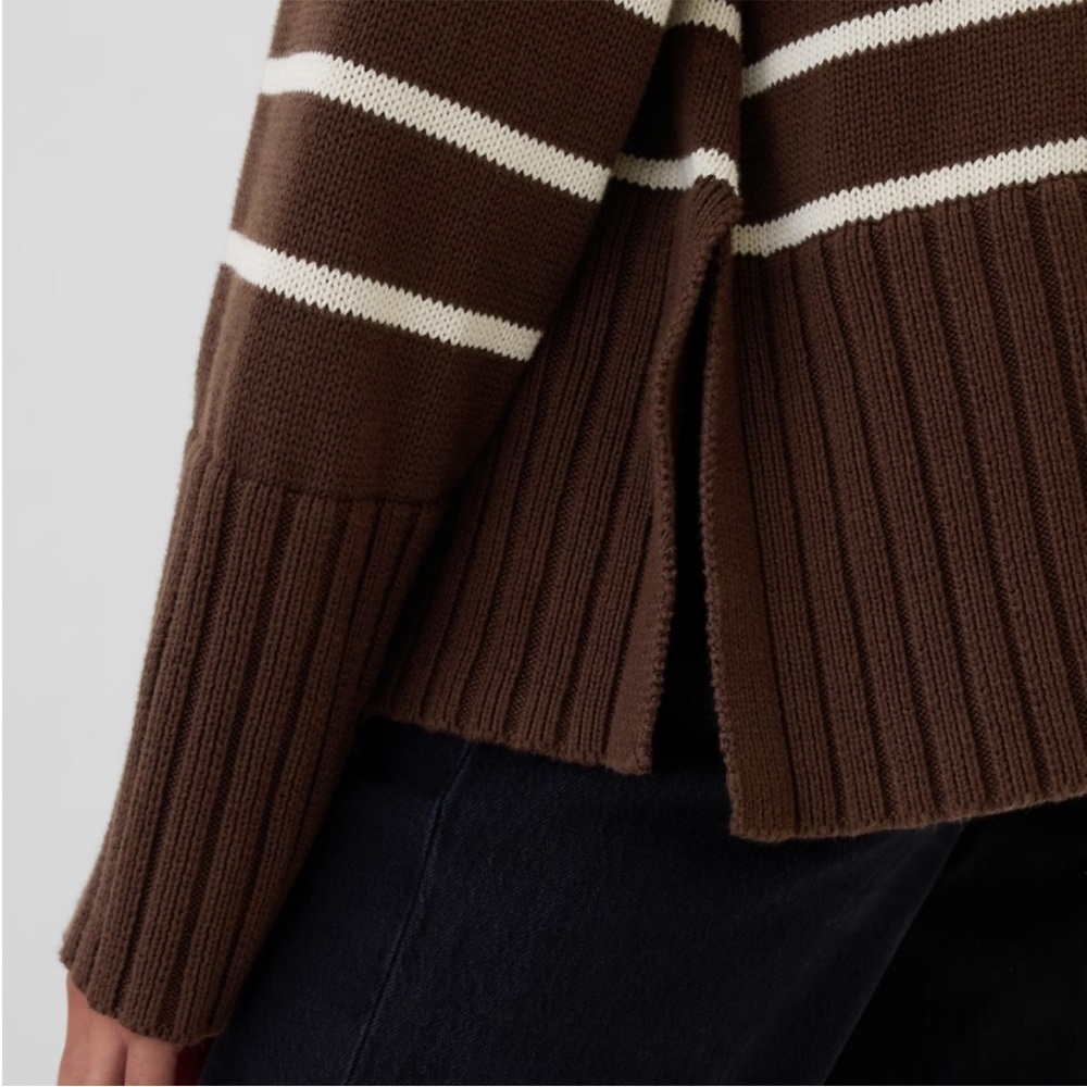 NWOT Gap Small Oversized 24/7 Split-Hem Mockneck Sweater Brown Striped Rib Trim - Picture 4 of 8